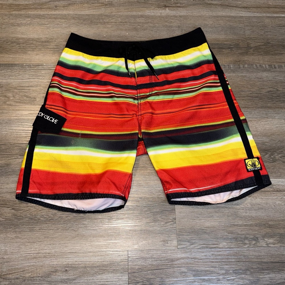 VTG Body Glove Board Shorts Mens Medium Vibrant-Horizontal Rasta-Striped Pattern